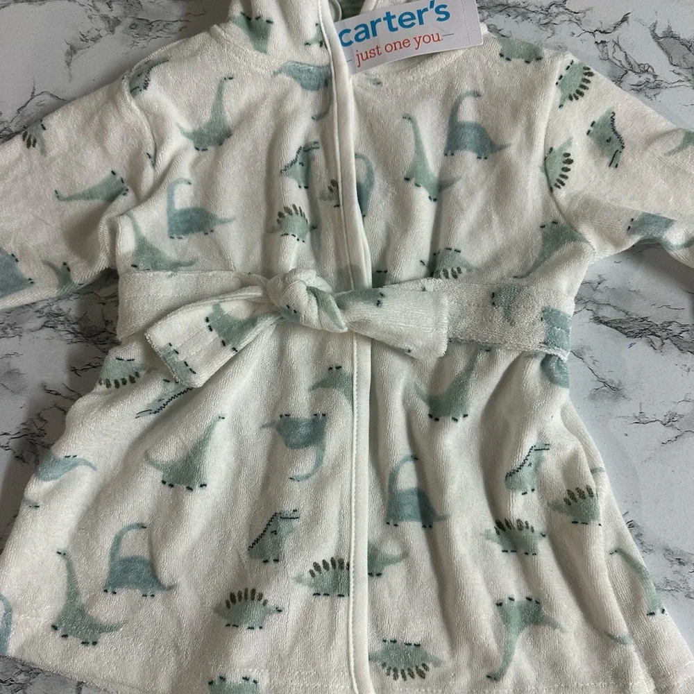 Carter's White and Green Dinosaur Baby Hooded Robe Size 0-9 Months